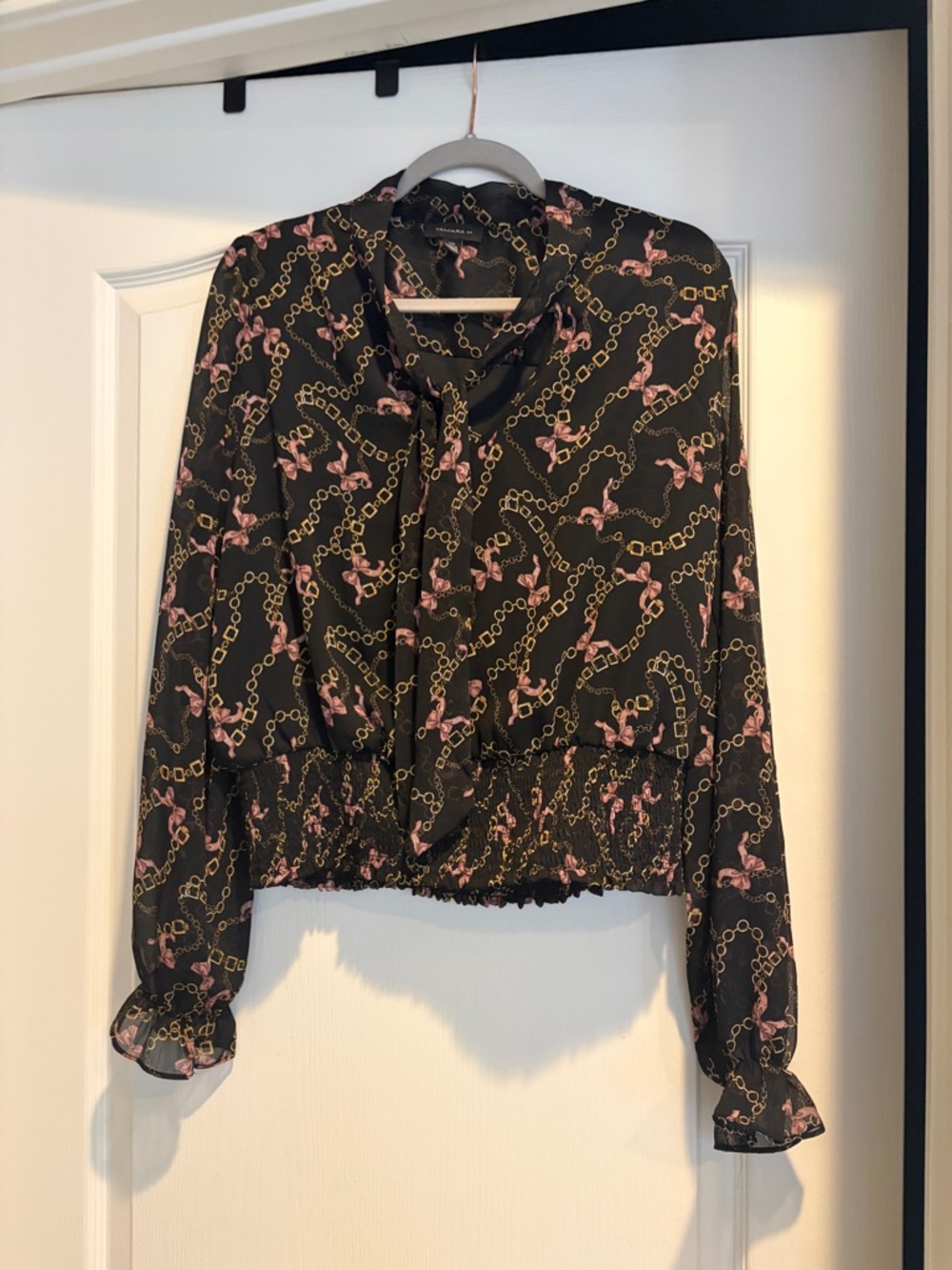 Black Floral & Chain Tie-Neck Blouse with Smocked Hem